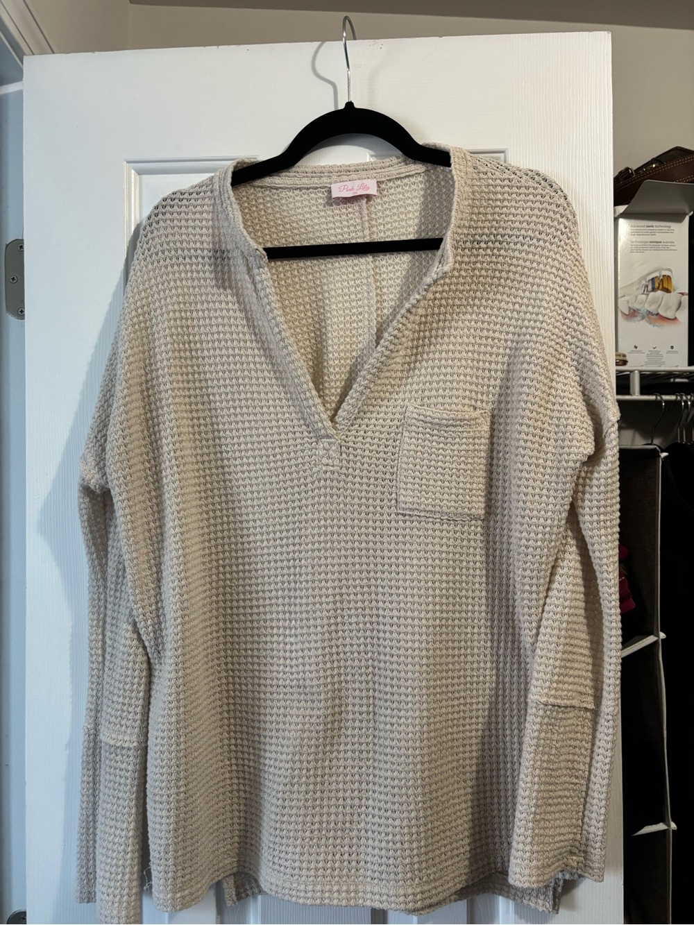 Pink Lily Cream Waffle Knit V-Neck Sweater